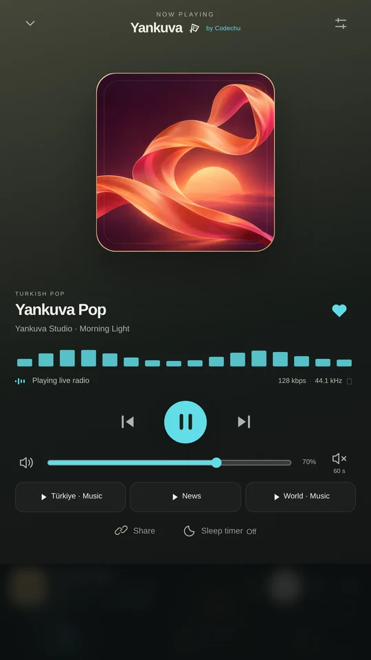 Yankuva dark player with a demo station, artwork and playback controls.