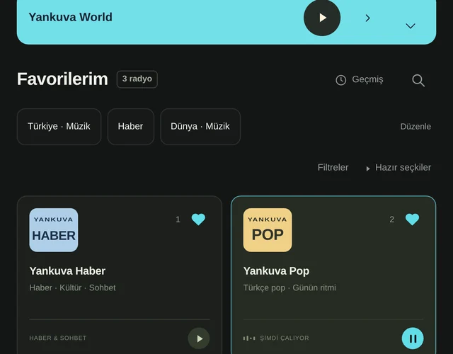 Yankuva favoriler ekranındaki demo istasyonlar.